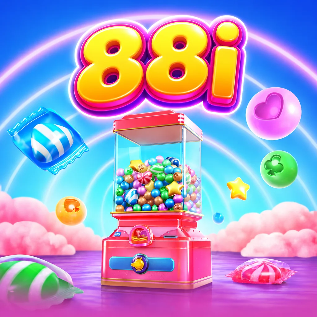 Grafis permen warna-warni bertema Candy Superwin bersama logo 88i