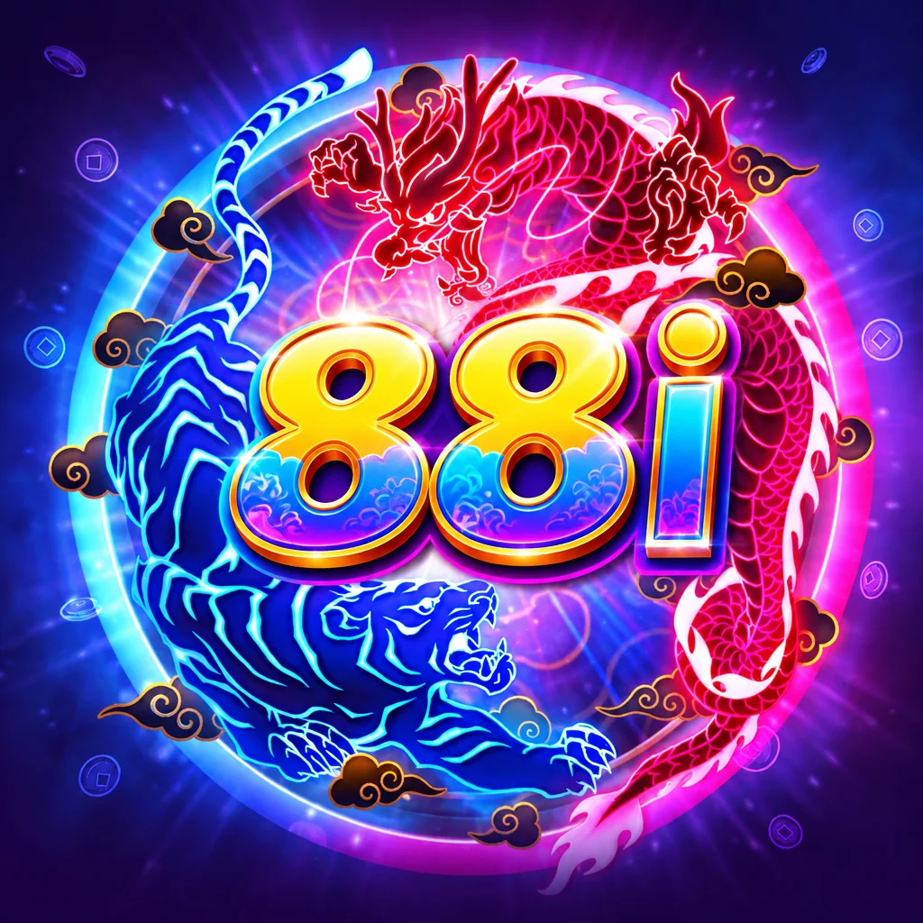 Ilustrasi naga merah dan harimau biru melingkar dengan logo 88i bertema Dragon Tiger Luck