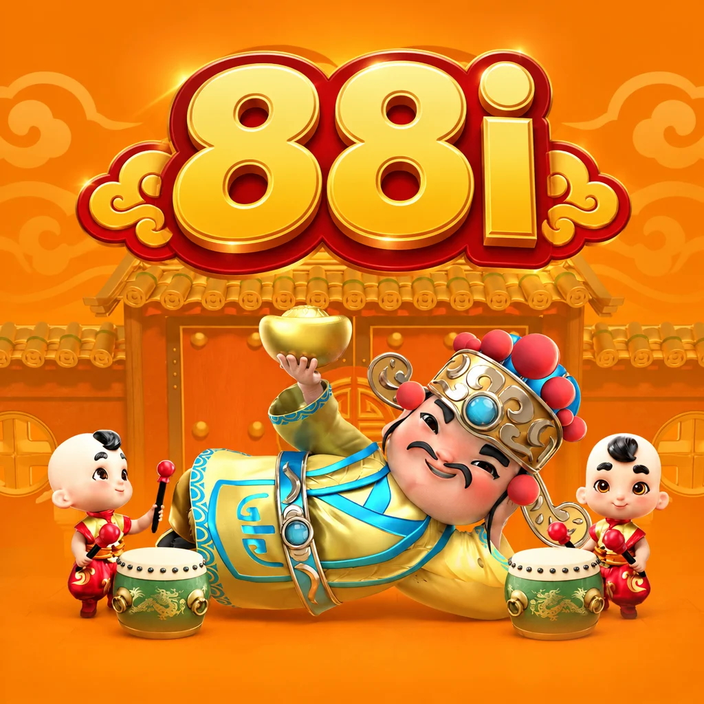 Karakter Dewa Rezeki dan anak penabuh drum dengan logo 88i bertema Fortune Gods